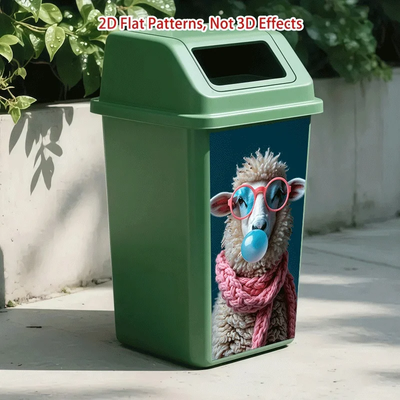 1Pc 2D Flat Printed Trash Can Sticker 37x82cm Cute Sheep Blowing Bubbles With Pink Scarf Themed Wall Decal