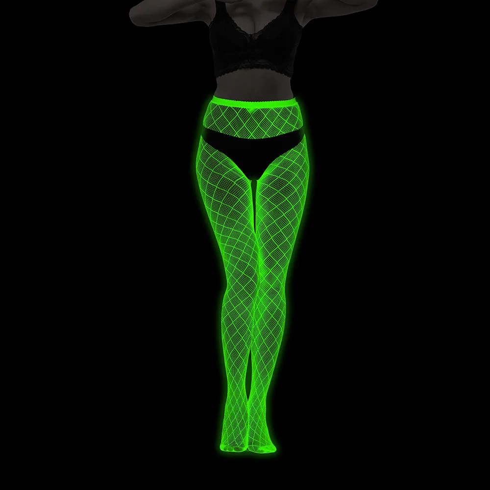 Collants Sexy ajourés bleu vert qui brillent dans la nuit pour femmes, collants Hipster à haute élasticité