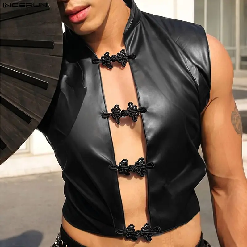 INCERUN Herren Tanktops aus PU-Leder mit Stehkragen, ärmellose Crop-Tops für Männer, Vintage-Streetwear, einfarbig, mit Aussparungen, Herrenwesten