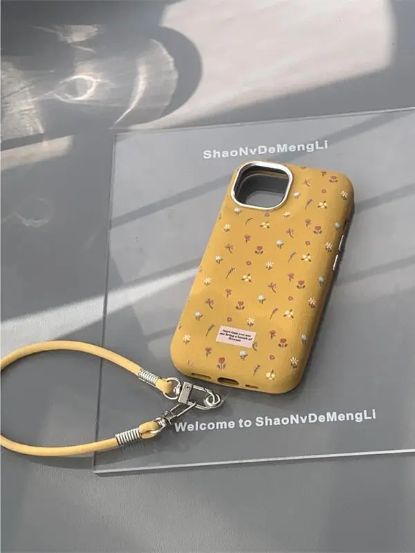 Funda de teléfono con flores para iPhone 13, funda para iPhone 16 Pro 11 12 14 15 Pro Max 16 15 Plus, textura de cuero de Color caramelo, funda a prueba de golpes