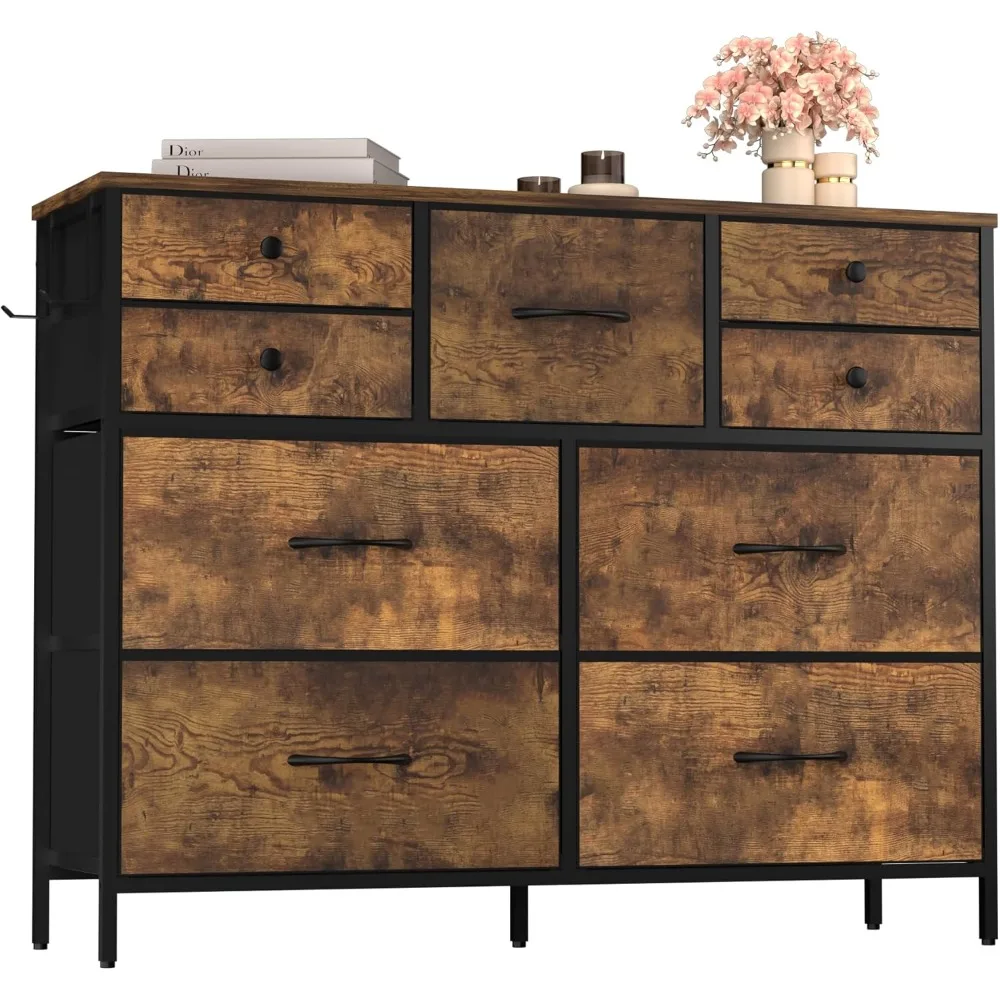 

Dresser Storage with 9 Drawers for Bedroom, Fabric Storage Tower with Fabric Bins, Chest of Drawers for Closet, Wood Top