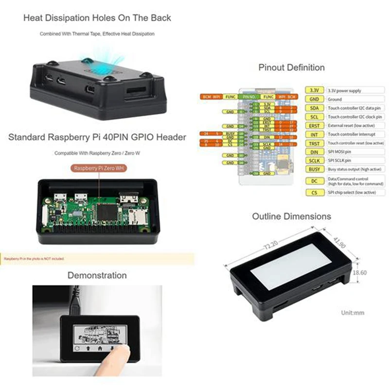 For Raspberry Pi Zero 2.13 Inch Multifunctional Portable Touch Ink Screen 250X122 Resolution With Case