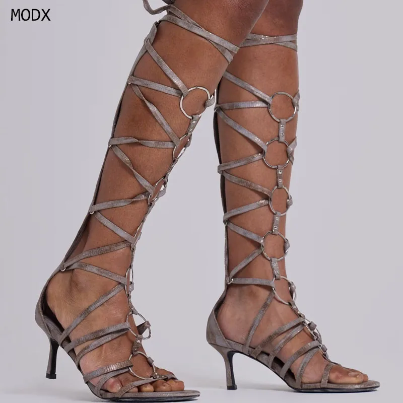 

2026 Metal Ring Heel Sandals Women Hollow Open Peep-Toe Gladiator Lace Up High Heels Shoes Female Sexy Party Cross-tied Sandals