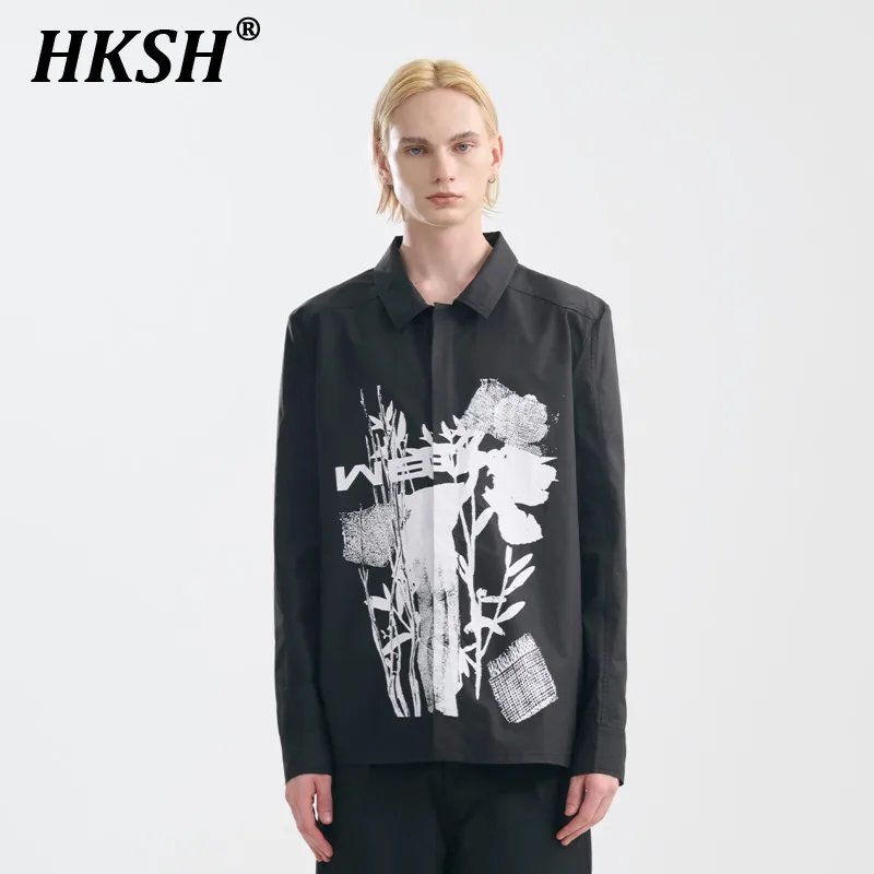 

HKSH 2024SS Spring Summer New Men's Print Shirt Fashion Letter Contrast Floral Black And White Top Shirts Dark Tide Tops HK1235