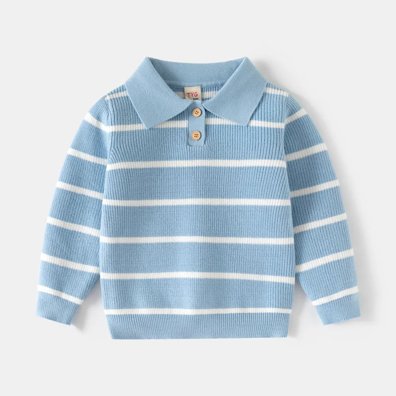 Autumn Winter Boys Knitwear Turn-down Collar Sweater Stock Available Wide Stripe Thick Needle Children Light Blue Top kids