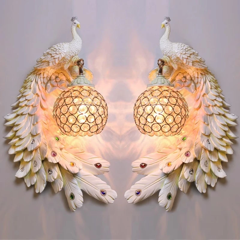 French Resin Carved Peacock Wall Lamps Living Room Background Wall Decor Staircase Bedroom Bedsides Interior Lighting Fixtures