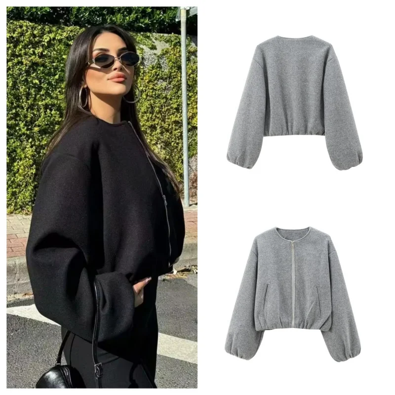 

Women's Black Cropped Bomber Jacket - Varsity Style Zipper Front Long Sleeve Coat, Soft Winter Outerwear