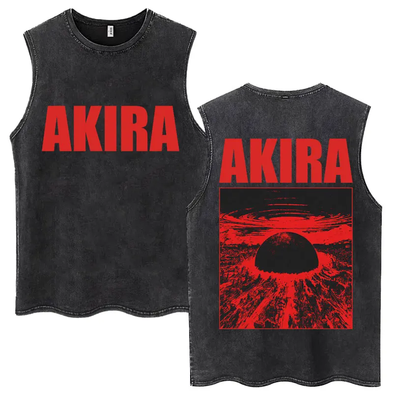 Washed Anime Akira Tank Tops Science Fiction 90s Movie Shotaro Kaneda Sleeveless Vests Men's Casual Cotton Sleeveless T Shirt