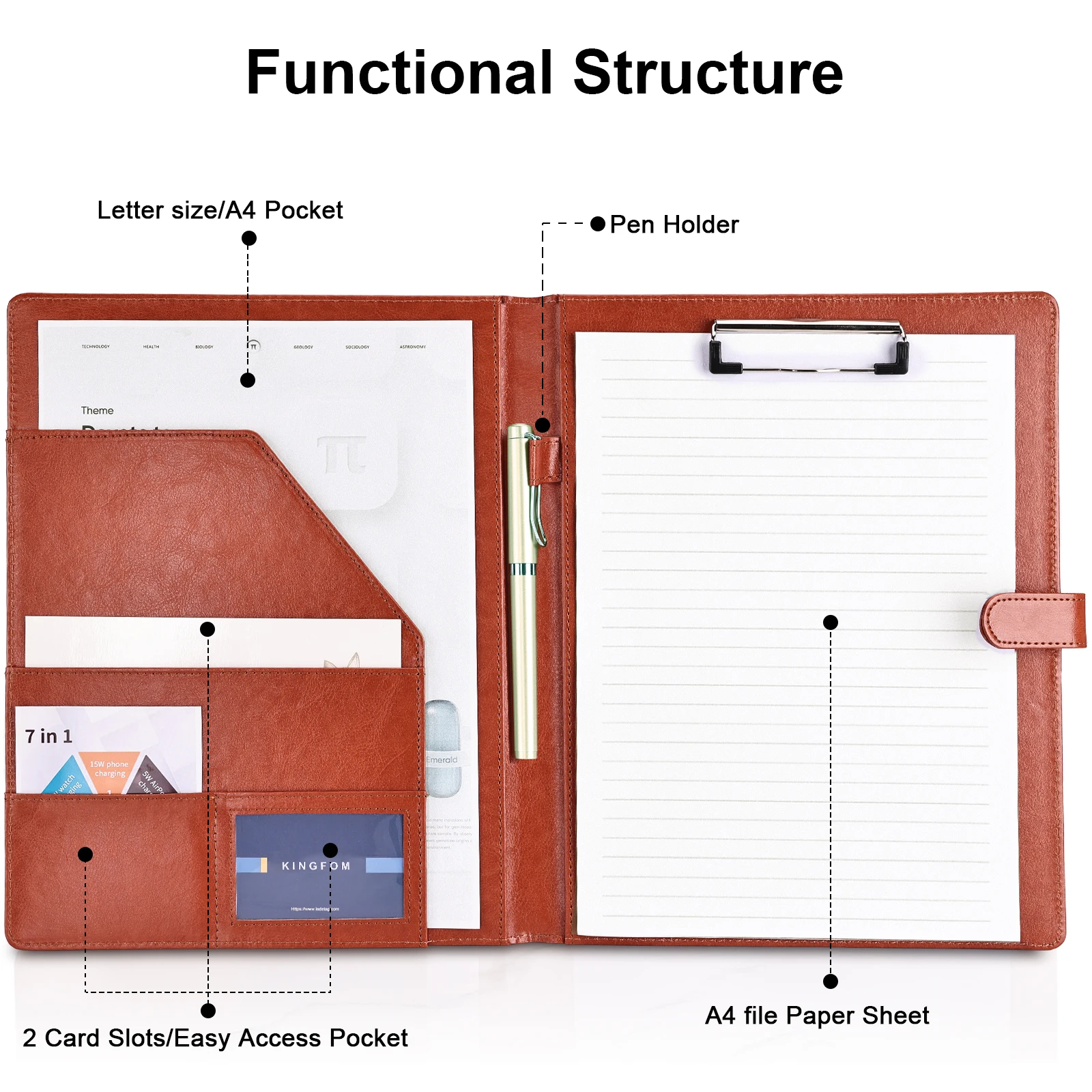 Kingfom A4 Paper File Folder PU Leather Clamping Board A4 Notebook Holder Padfolios with Clip Business Card Pocket Pen Holder