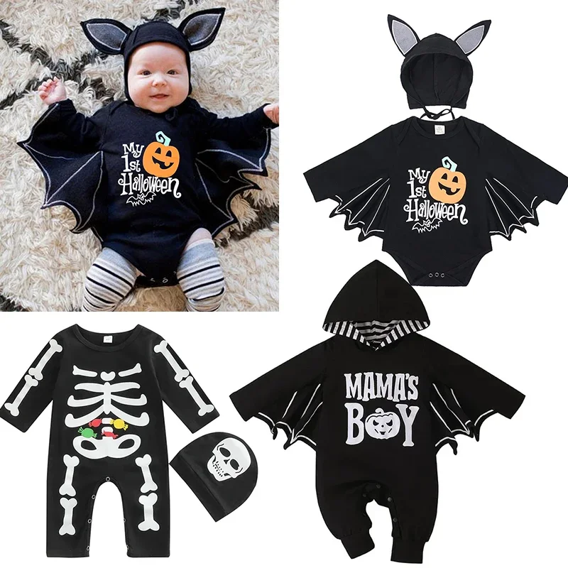 Halloween Baby Jumpsuit Pumpkin Head Skull Bones Infant Costume Bat Romper Long Sleeve Round Neck Button Suit 2Pcs Clothes Set