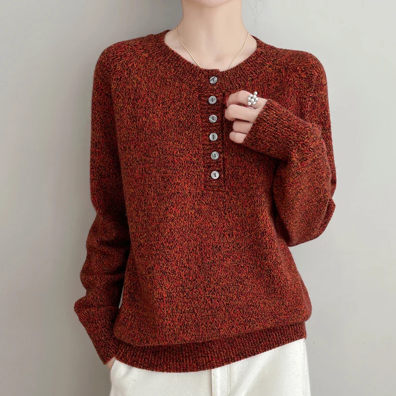 

Женский твидовый свитер из 100% шерсти с полузастежкой-молнией, массивный пуловер с круглым вырезом и пуговицами, винтажный текстурированный вязаный топ
