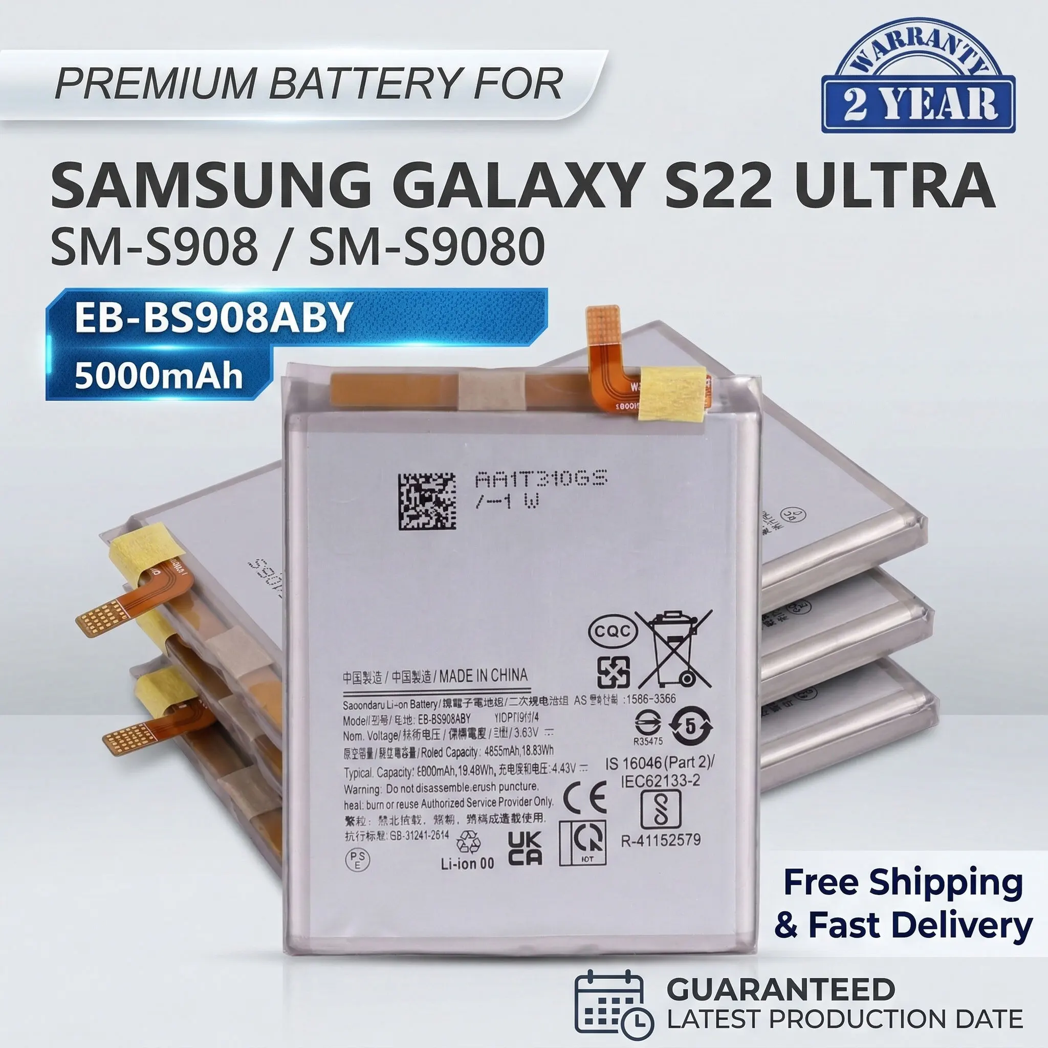 

High Capacity 5000mAh EB-BS908ABY Battery For Samsung Galaxy S22 Ultra S22 Ultra SM-S908 SM-S9080