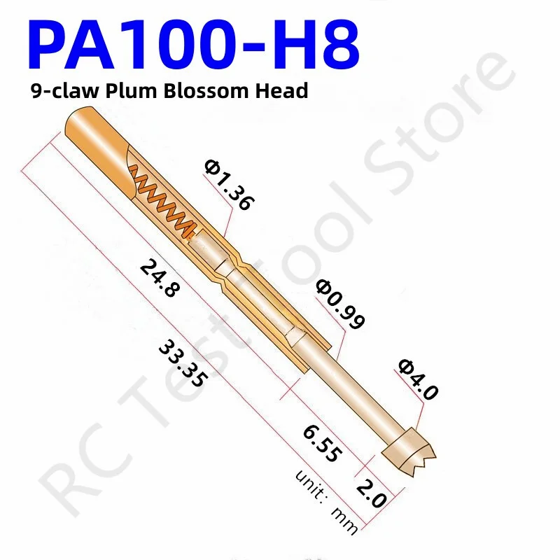 

100PCS PA100-H8 9-claw Plum Blossom Head Dia4.0mm Needle Spring Test Probe Test Pin P100-H Dia 1.36mm PA100-H Pogo Pin Test Tool