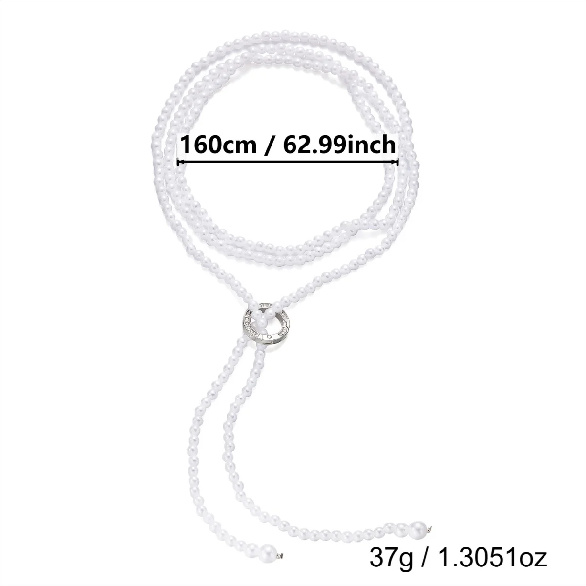 Elegante französische weiße lange Halskette mit kleinen künstlichen Perlen für Damen, Strass-Kreis, verschiedene Tragevarianten, Pulloverkette, Schmuck – Detail 27
