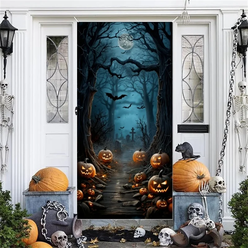 Spooky Halloween Door Banner, Pumpkin & Bat Design, Outdoor Decoration For Home ,Garden, Ideal For Party ,Photo Backdrop