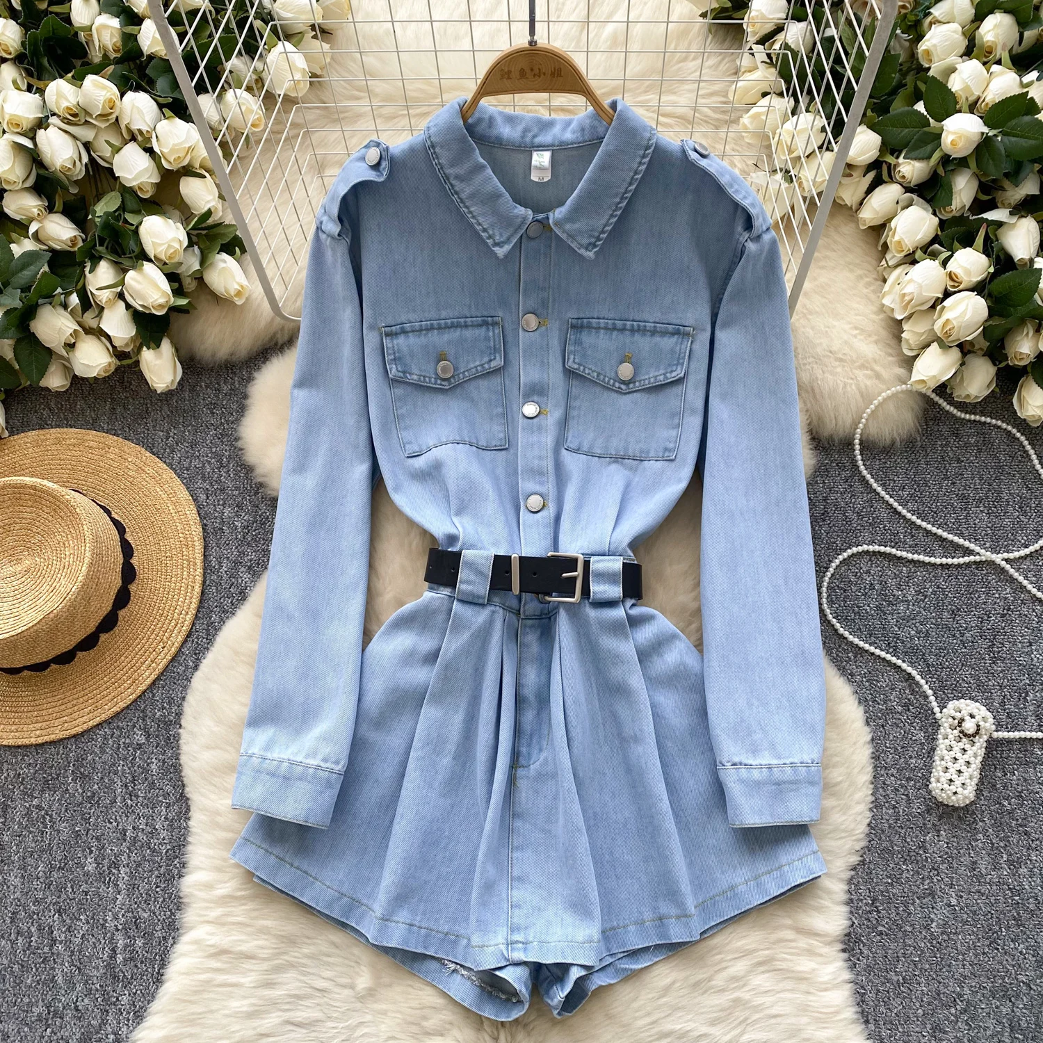 Women Jumpsuit Rompers Single Breasted Long Sleeve Vintage Denim New Arrived Jeans Playsuits