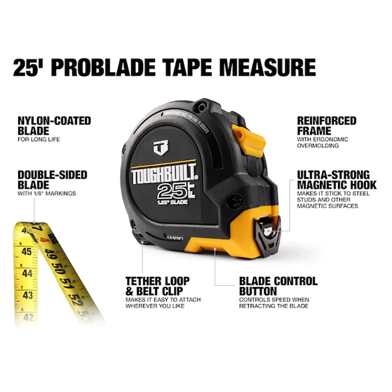 TOUGHBUILT TB-H2-T-12225 25FT ProBlade Tape Measure Industrial-grade Pure Feet Measurement Tool