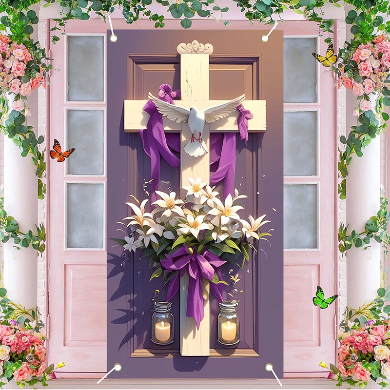 Capa de porta cruzada de páscoa, decoração de varanda roxa, banner perfeito para decorações de festa de primavera