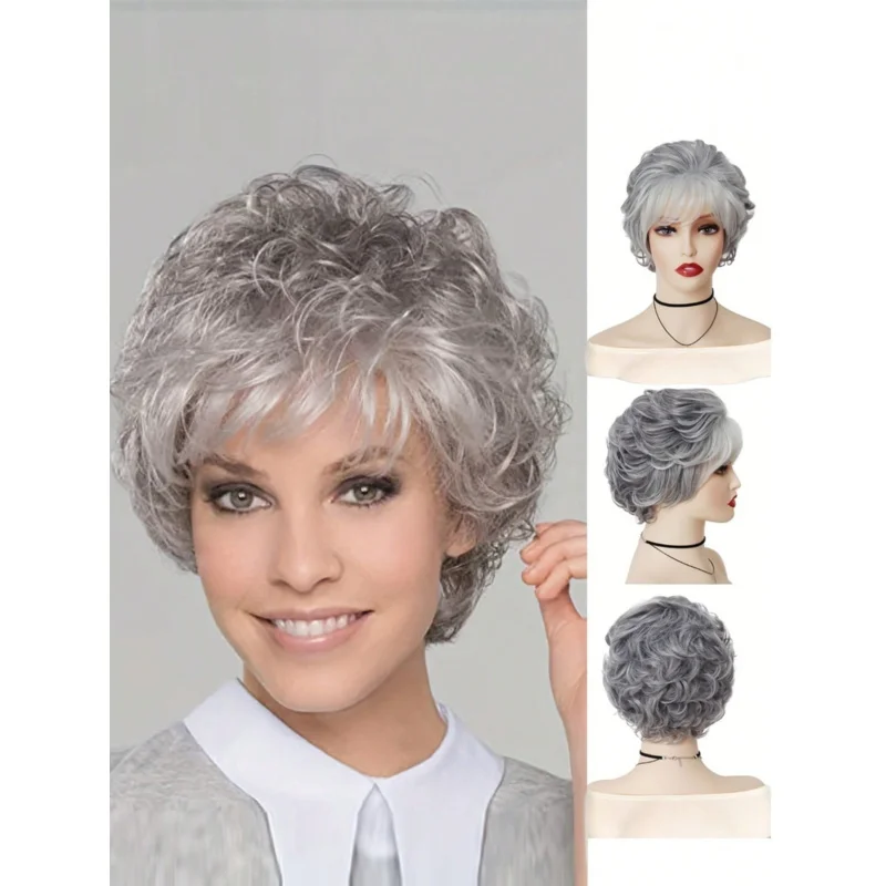 

Silver Grey Short Curly Pixie Cut With Bangs Synthetic Heat Resistant Wig
