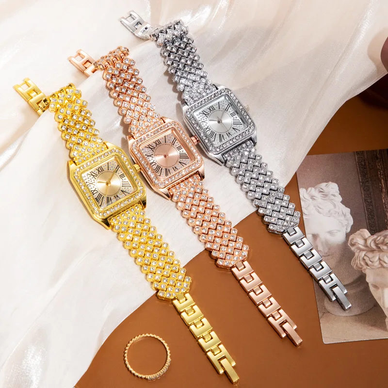 

Women's Fashion Square Watches Diamond Gold Alloy Strap Luxury Ladies Quartz Wristwatches Female Clock Bracelet Party Watch