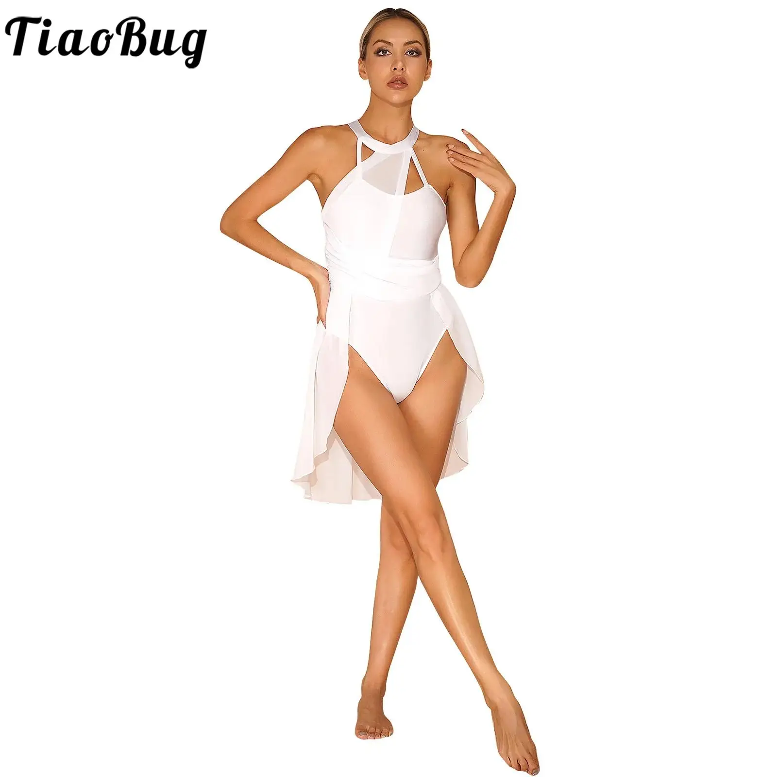 Women Lyrical Dance Dress Modern Contemporary Dance Costumes Sleeveless Sheer Mesh Color Block Leotard Bodysuit Ballet Dress