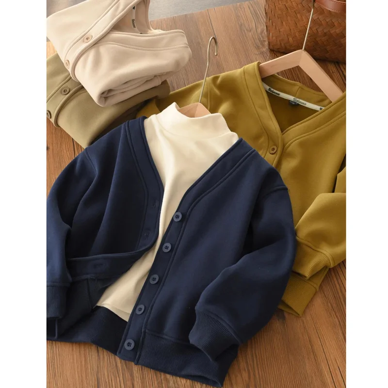 Children Fleece Cardigan Coat Autumn Winter Warm Casual V-neck Boys Outerwear Jacket