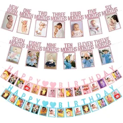 12 Months Photo Frame Banner Newborn Garland First Kids Baby Boy Girl My 1 One Year 1st Happy Birthday Party Decoration Supplies