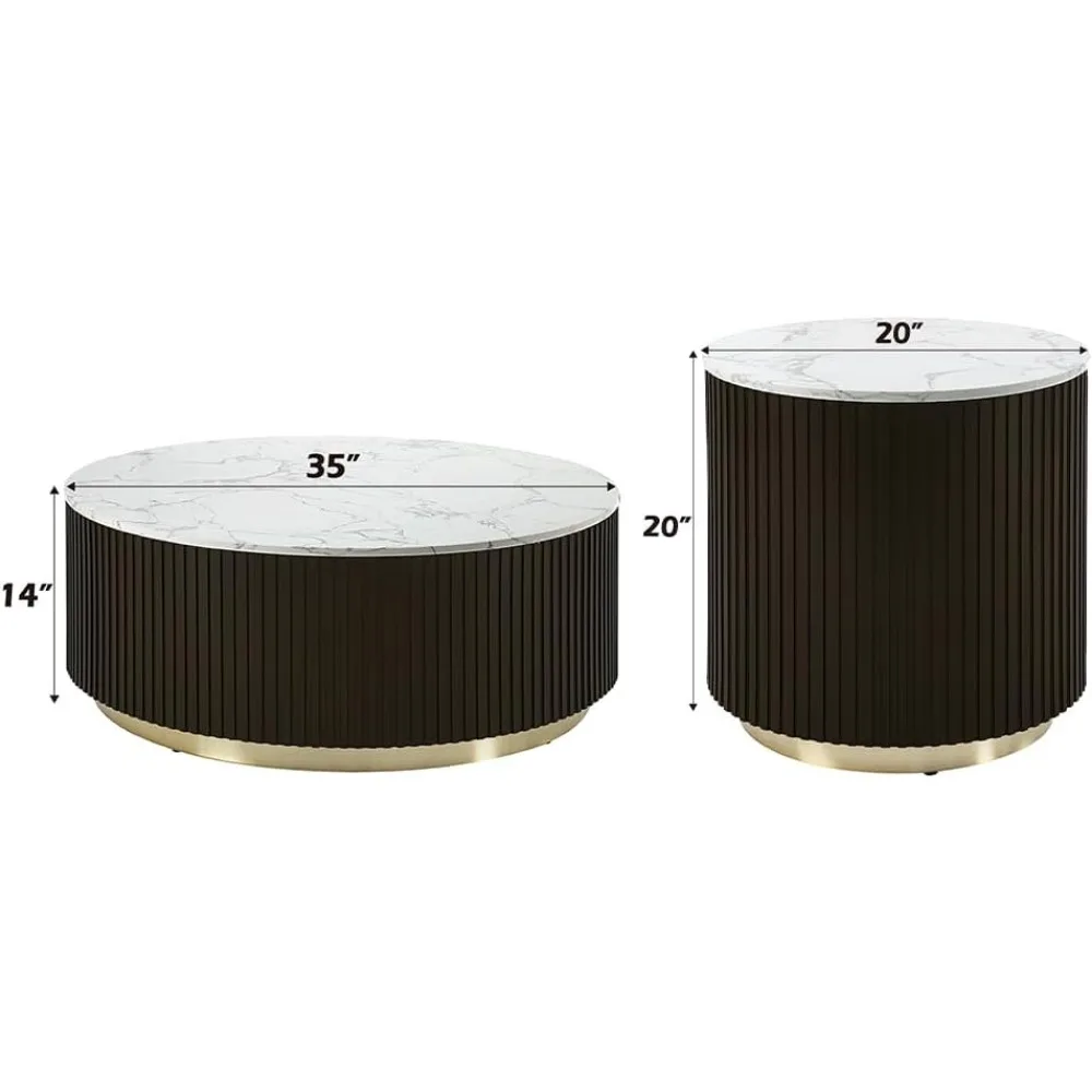 Round Nesting Coffee Table with Faux Marble Top and Decorative Side Table for Apartment Living Room, No Assembly Required