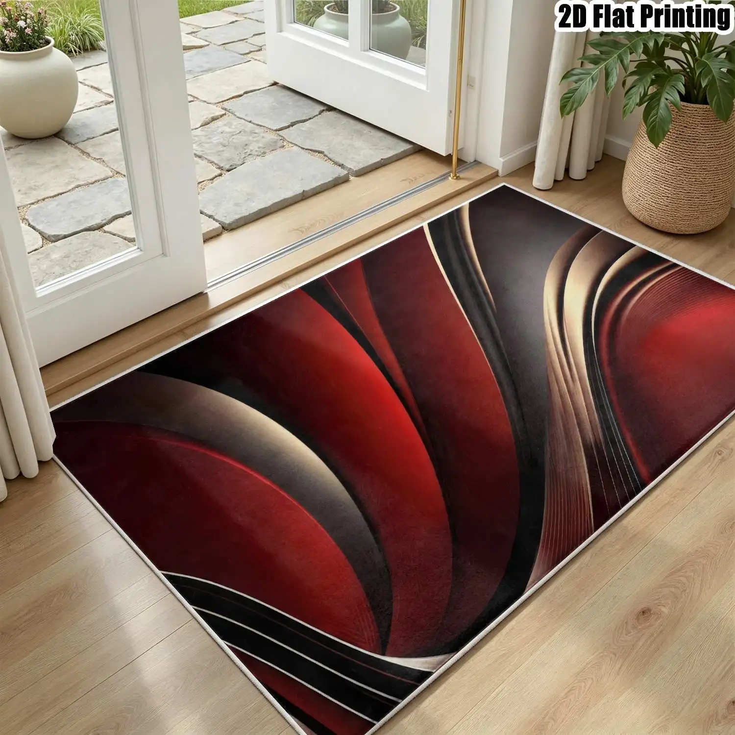 1Pc 2D Printed Velvet Abstract Art Carpet, Red-Brown & Black, Modern Minimalist Nordic European Style, Multi-Size Washable Home Decor Mat for Living Room Bedroom Dining Room Entrance Study