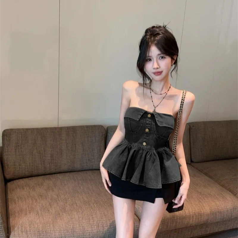 Vrouwen Sexy Club Vakantie Denim Slanke Korte Halter Tops Zomer Zwart Backless Ruche Rand Party Jean Vest Streetwear Nieuw