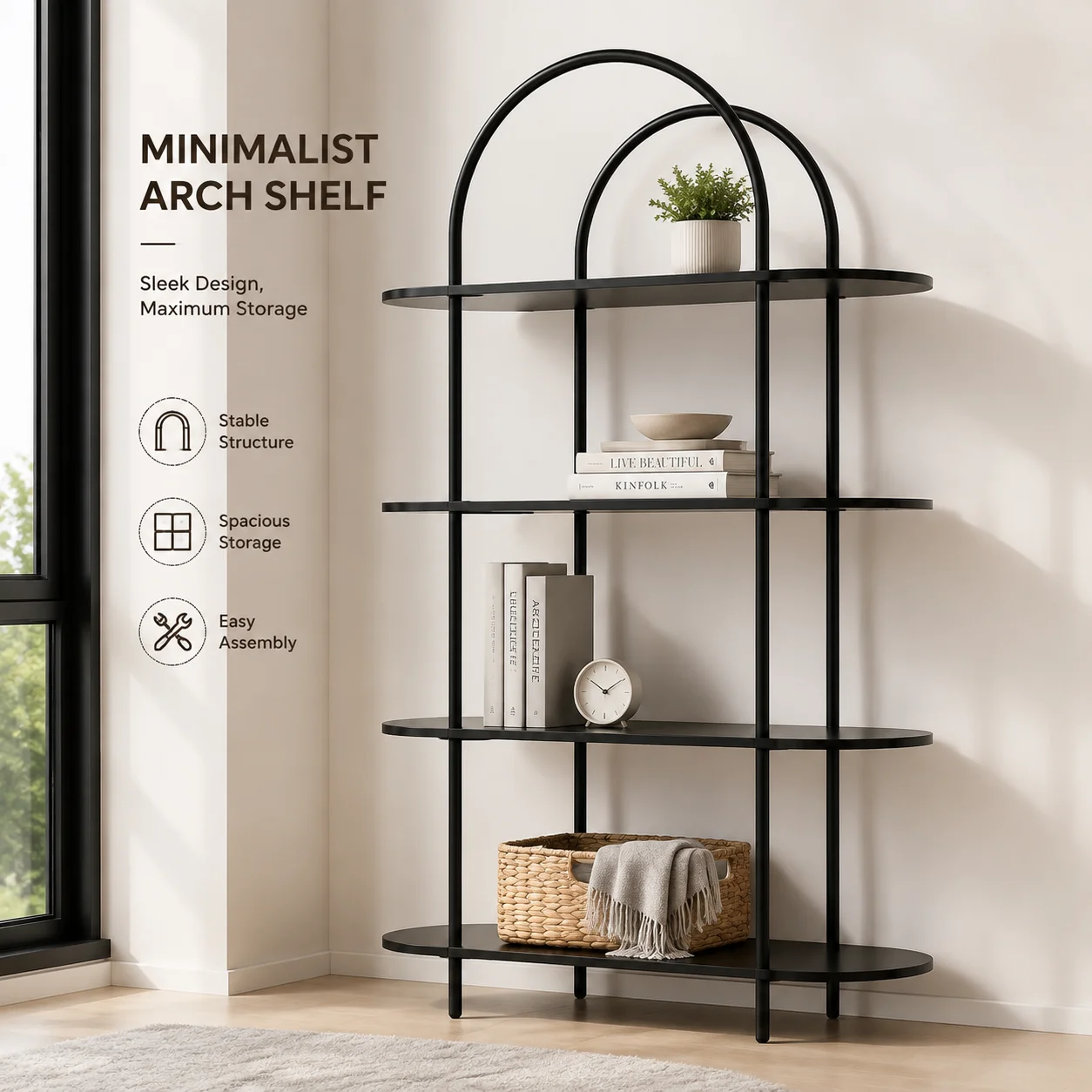 4-Tier Arched Floor Bookshelf – Modern Iron Display Cabinet for Living Room, Bedroom & Office Storage