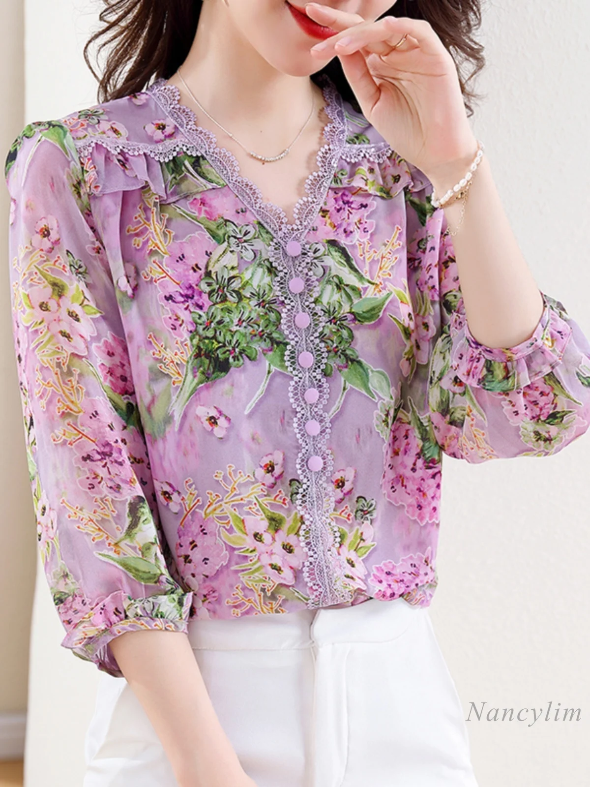 

Beautiful Printed Chiffon Blouse Women's Three-Quarter Sleeve 2024 New Loose Youthful-Looking Chic Floral Top Summer Shirts