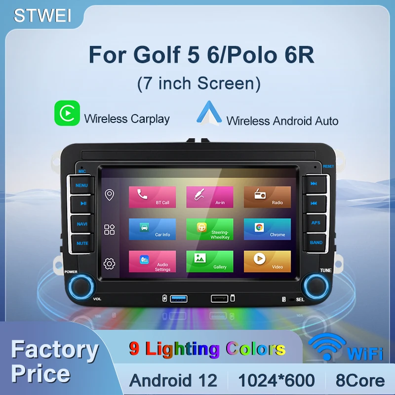 Für vw volkswagen golf 5 6/polo 6r android12 7 zoll carplay gps bt kopf einheit wifi autoradio