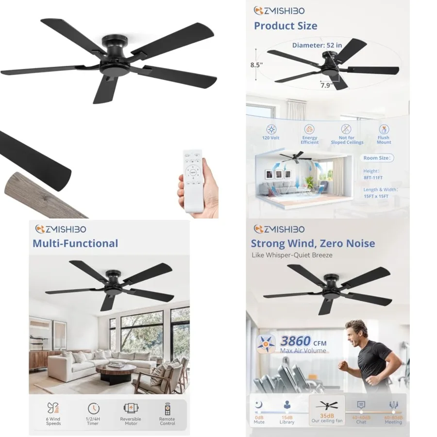 Ceiling Fan No Light, Flush Mount Low Profile, Modern Ceiling Fan Without Light, Remote Control and Quiet DC Motor, for doorand