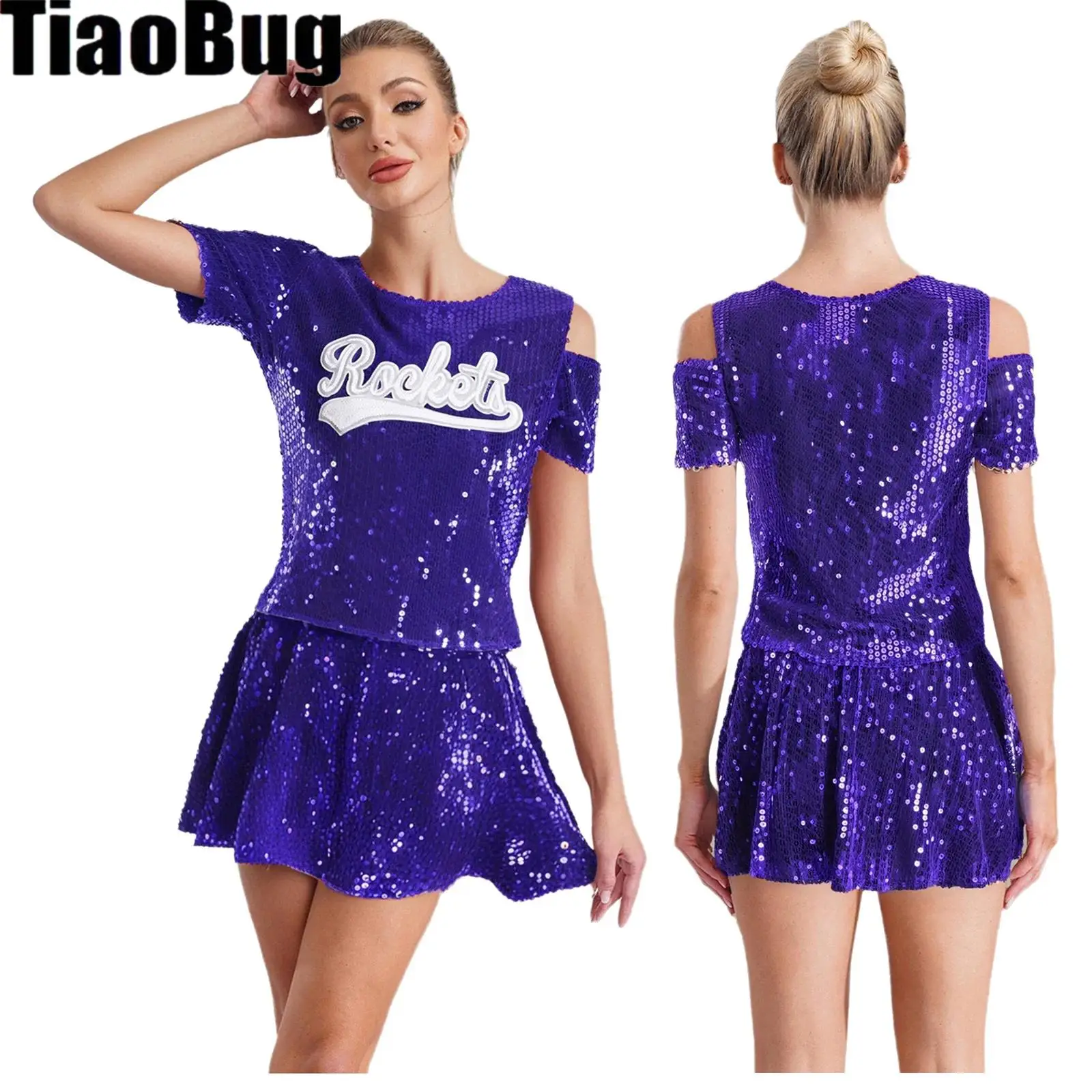 

Womens Jazz Dance Outfits Cheerleading Sequin Uniform Short Sleeve Cold Shoulder Letter Applique T-shirt And A-line Skirt Outfit