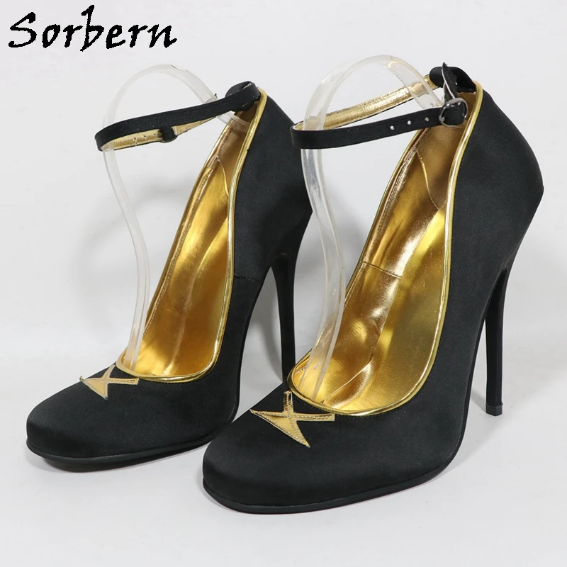 

Sorbern 14Cm High Heel Women Shoes Satin Ladies Pump High Heel Black Stilettos Round Toe Ankle Straps Custom Colors