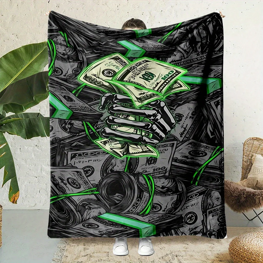 Skull Banknote Print Blanket Reversible Flannel Throw for Edgy Humor AllSeason Comfort Bold Statement Gift