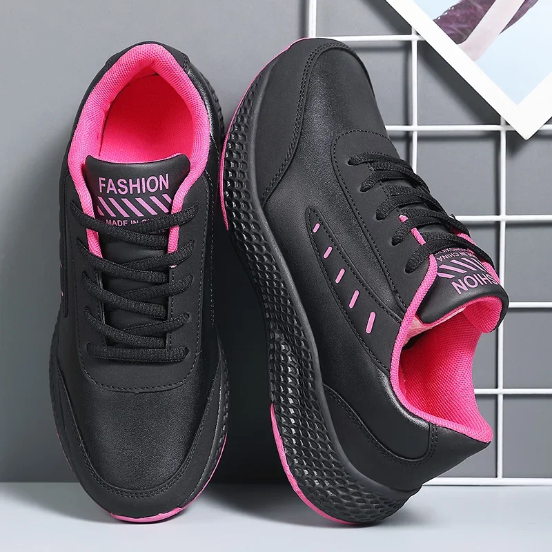 Casual Lace Up Flats Lightweight Comfortable Black Anti-slip Running Shoes Outdoor Sports Women's Leather Sneakers