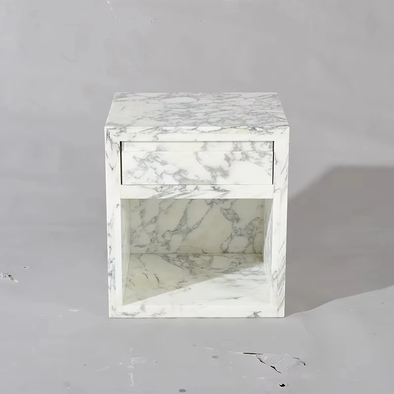 Modern Beige Travertine Bedside Table Square Nightstand Luxury Nordic Bedroom Furniture
