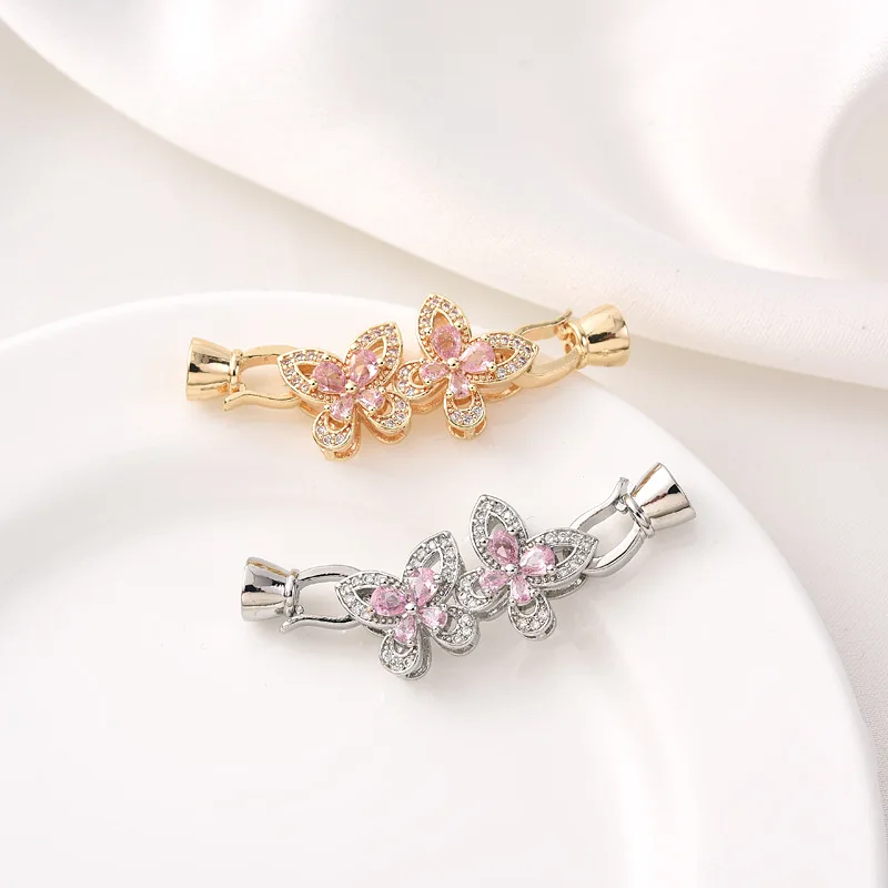 1 Piece Copper Inlaid Pink Zirconium Bow Buckle DIY Braided Bracelet Pearl Necklace Accessories Jewelry Production Materials