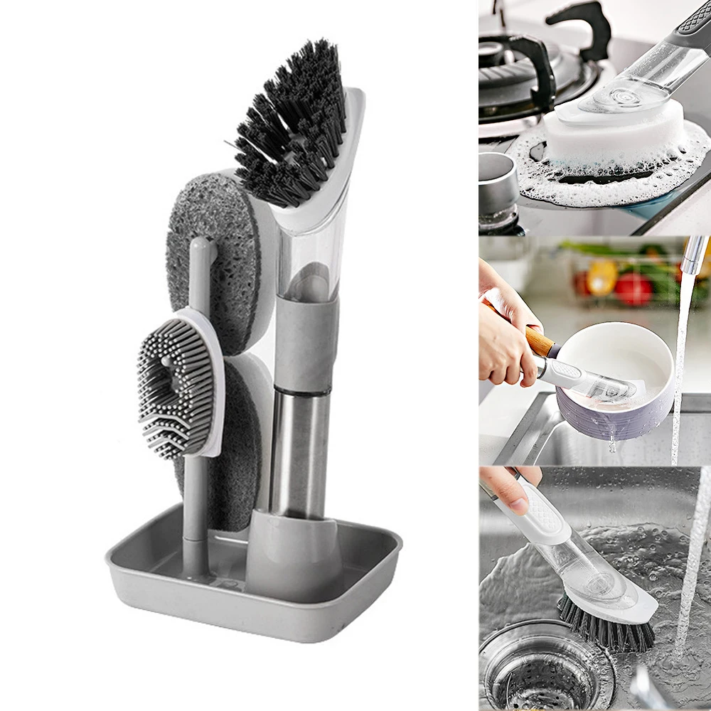 Automatic Liquid Dispenser Kitchen Gadgets Removable Sponge Brush Kitchen Cleaning Brush Long Handle Dishwashing Brush 3 In 1