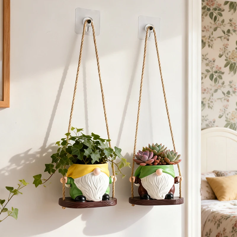 Bohemian Gnome Swing Hanging Planter Resin Flower Pot for Succulents Vines and Small Plants Balcony Patio Wall Decor Accent