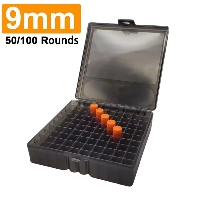 50/100 Rounds Bullet Box Gun Cartridge Shell Holder Portable Ammunition Box Flip-Top for 9mm .223 Ammo Hunting Accessories