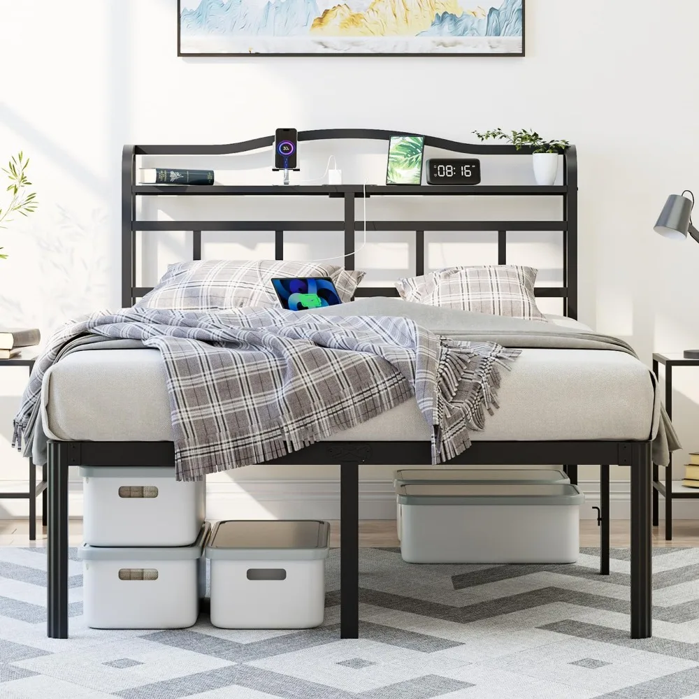 

Full Bed Frame - Storage Headboard with Charging Station, Easy Assembly, Heavy Duty Metal Bed Frame, No Box Spring Needed, 14 In