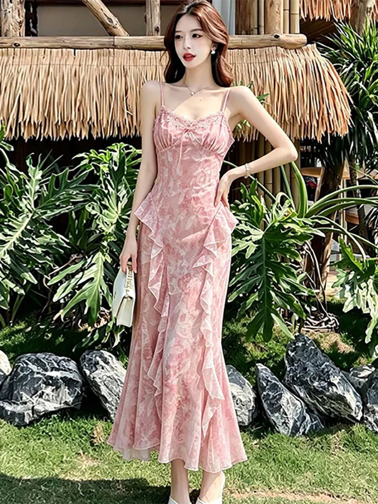 Summer Pink Floral Chiffon Ruffled Long Dress Women Elegant Chic Lace Bow Sling Dress 2026 Korean Vintage Luxury Evening Dresses