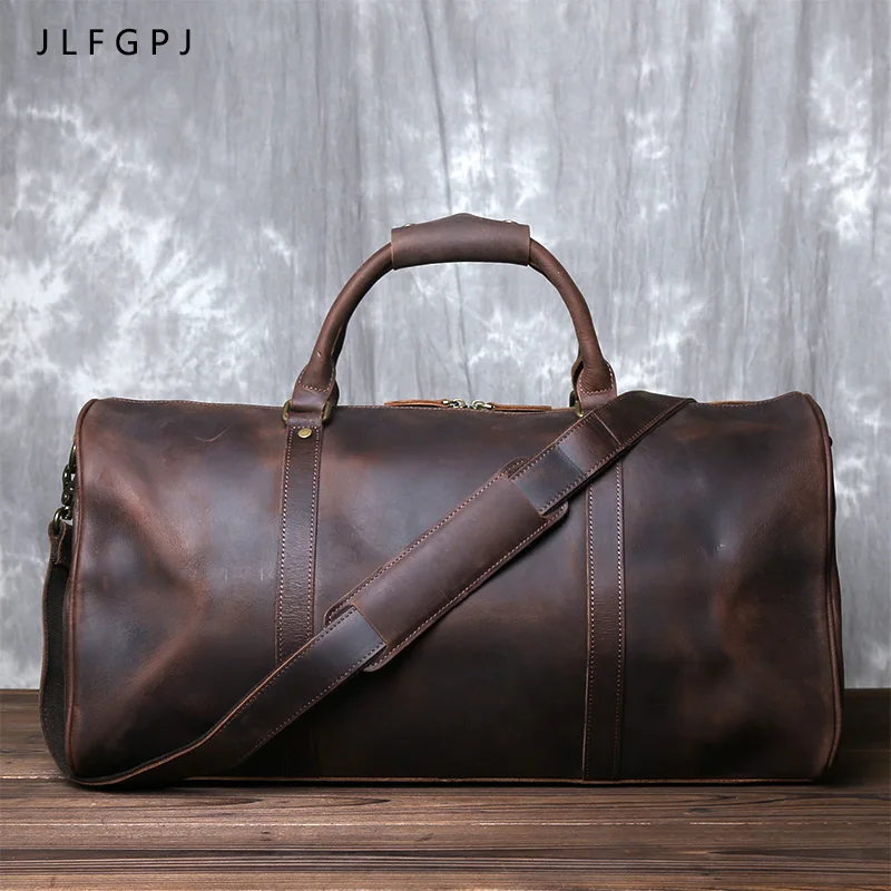 Vintage Leather Cross Style Men\'s Hand Luggage Crazy Horse Cowhide Large Capacity Single Shoulder Duffel Bag