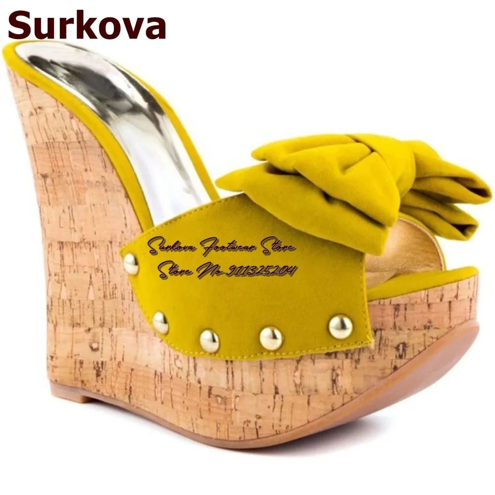 Surkova Wooden Pattern Wedge Heel Platform Mudels Ginger-Coloured Suede Butterfly-Knot Modern Slippers Open Toe Slip-On Sandals