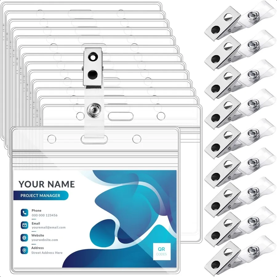 

100 Sets Badge Holders and Metal Clips Clear Horizontal Name Tag ID Card Holder with Clip Waterproof ID Badge Holder with Metal