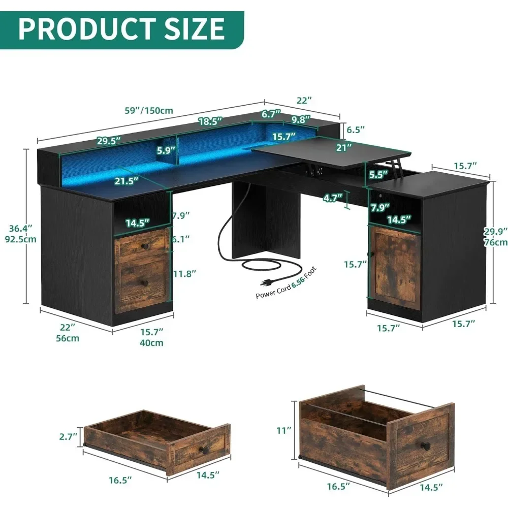 L Shaped Desk With Power Outlets & LED Lights Computer Table 60” Computer Desk With Drawers & Lift Top Freight Free Reading