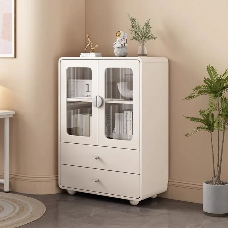 Solid wood bookcase with glass door, cream wind bookshelf floor-to-ceiling children's light luxury high-end combination cabinet